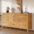 AMERLIFE 60" High Gloss Burl Buffet Sideboard Storage Cabinet, Large Wood Sideboard with Drawers, Retro Handles, Heavy Duty Coffee Wine Bar Buffet Table for Dining Room, Living Room, Yellow