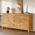 AMERLIFE 60" High Gloss Burl Buffet Sideboard Storage Cabinet, Large Wood Sideboard with Drawers, Retro Handles, Heavy Duty Coffee Wine Bar Buffet Table for Dining Room, Living Room, Yellow