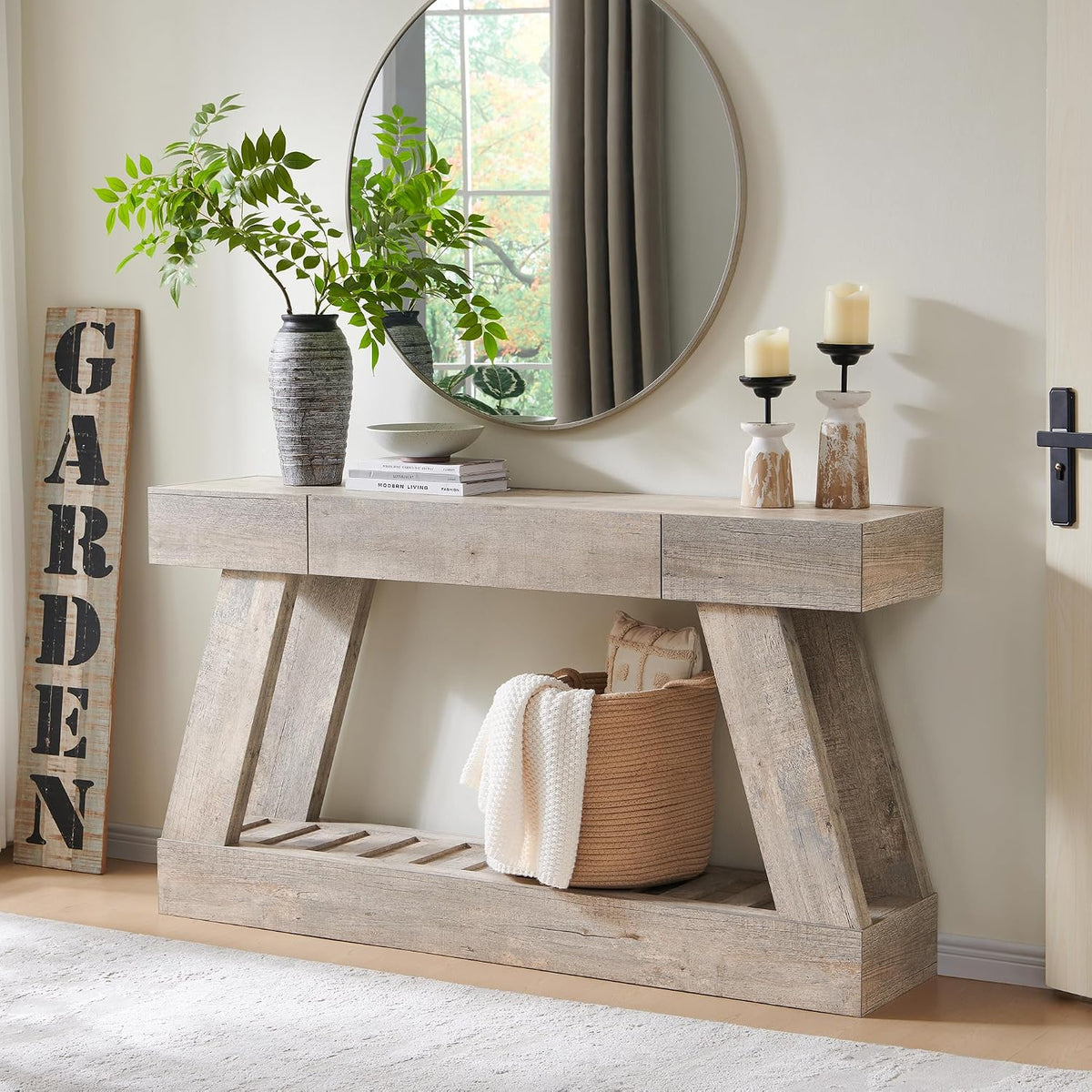 60" Entryway Table with Drawer, Wooden Hallway Table with Heavy Duty Base