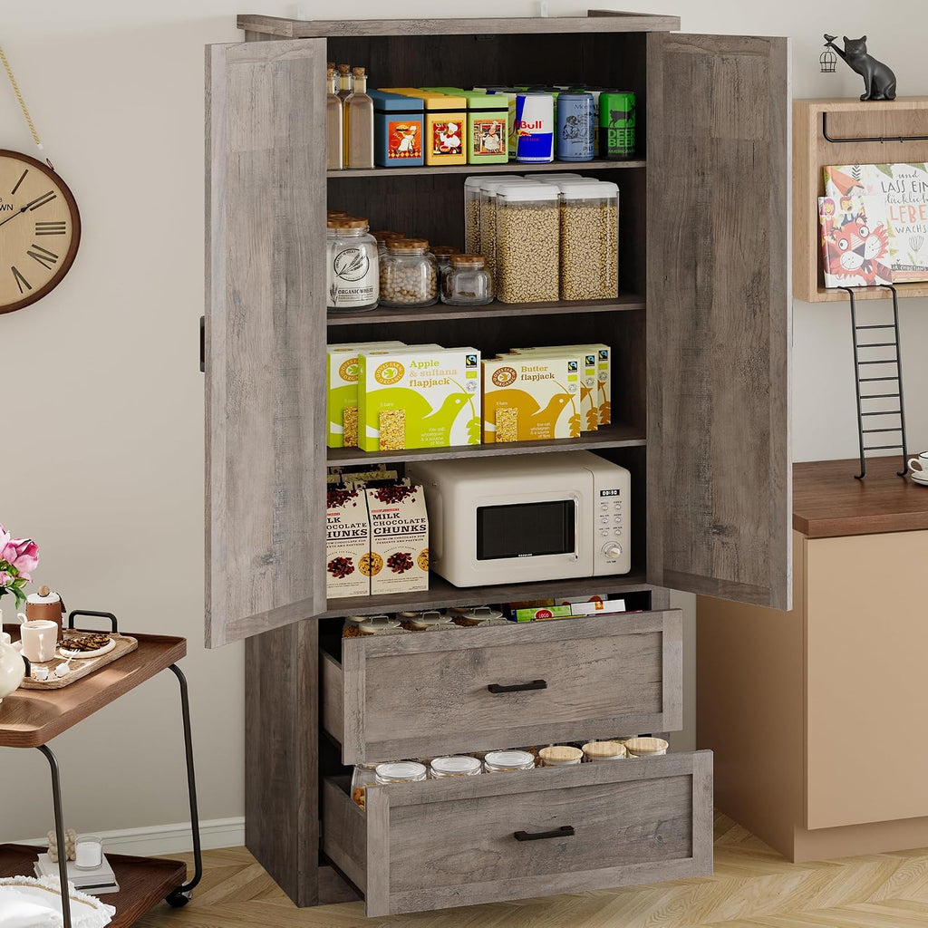 BORNOON Pantry Organizers and Storage Cabinet, 71” Barn Door White Kitchen Cabinet with Drawers and Adjustable Shelf, Tall Pantry for Kitchen, Dining Room, Living Room. Bathroom and Office