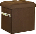 Storage Ottoman Cube, 17" High Folding Linen Foot Rest for Bedroom, Brown | Small Ottoman with Storage for Dorm with Thicker Foam Padded Seat. Foot Stools Ottoman with Side Pocket & Handles, 17x13x13in