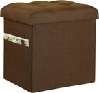 Storage Ottoman Cube, 17" High Folding Linen Foot Rest for Bedroom, Brown | Small Ottoman with Storage for Dorm with Thicker Foam Padded Seat. Foot Stools Ottoman with Side Pocket & Handles, 17x13x13in