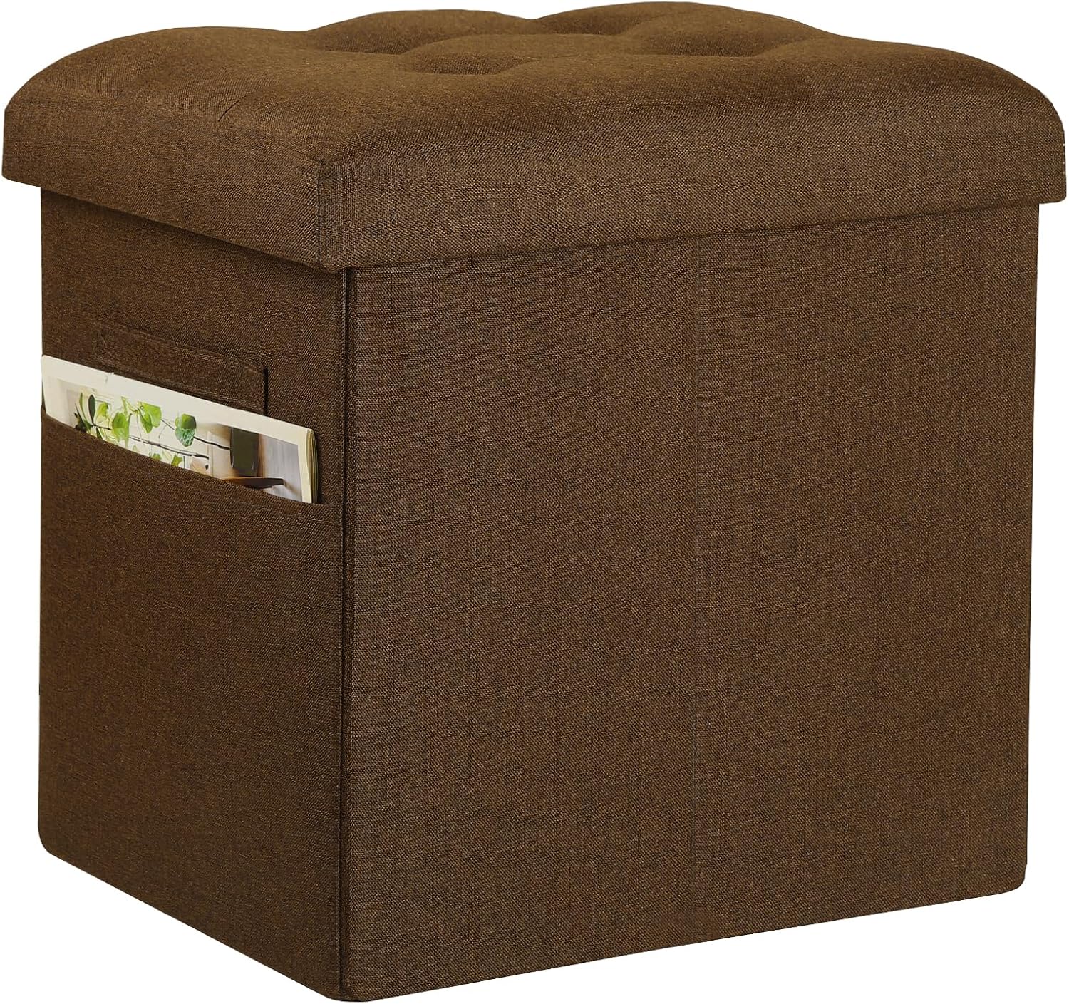 Storage Ottoman Cube, 17" High Folding Linen Foot Rest for Bedroom, Brown | Small Ottoman with Storage for Dorm with Thicker Foam Padded Seat. Foot Stools Ottoman with Side Pocket & Handles, 17x13x13in