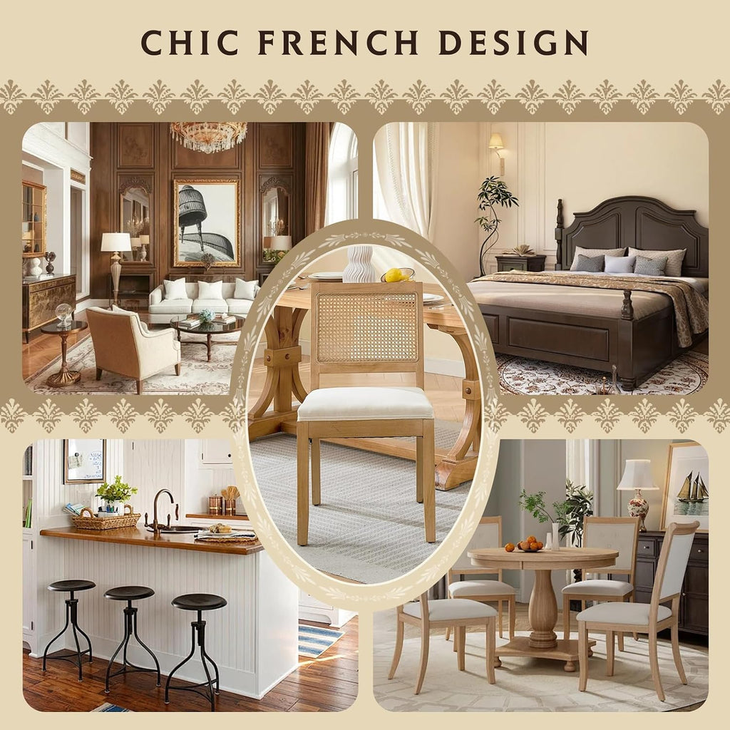 SoarFlash French Dining Chairs Set of 4, Vintage Louis Dining Chairs with Rattan Backrest, Wooden Framehouse Chairs for Living Room, Kitchen, Restaurant, Beige