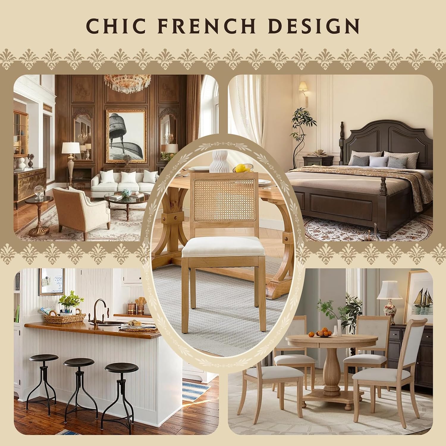 SoarFlash French Dining Chairs Set of 4, Vintage Louis Dining Chairs with Rattan Backrest, Wooden Framehouse Chairs for Living Room, Kitchen, Restaurant, Beige