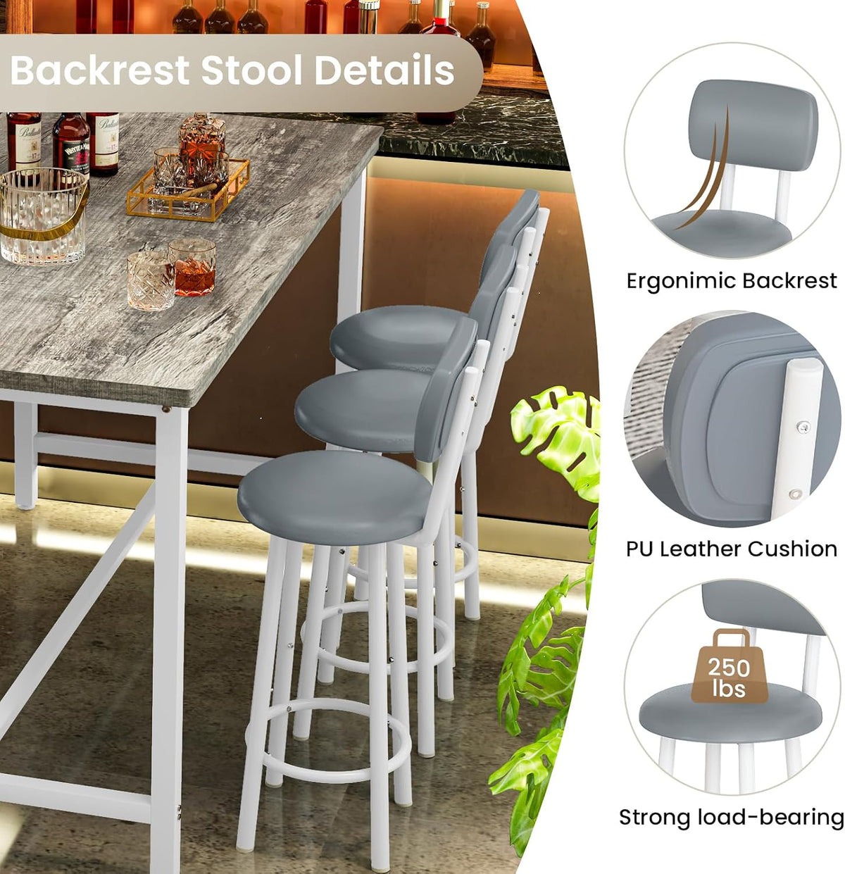 Recaceik 50" Dining Table Set for 6, 7-Piece Counter Height Bar Table Set with Upholstered Stools, Space-Saving Modern Pub Set for Kitchen, Breakfast Nook & Home Bar, Grey
