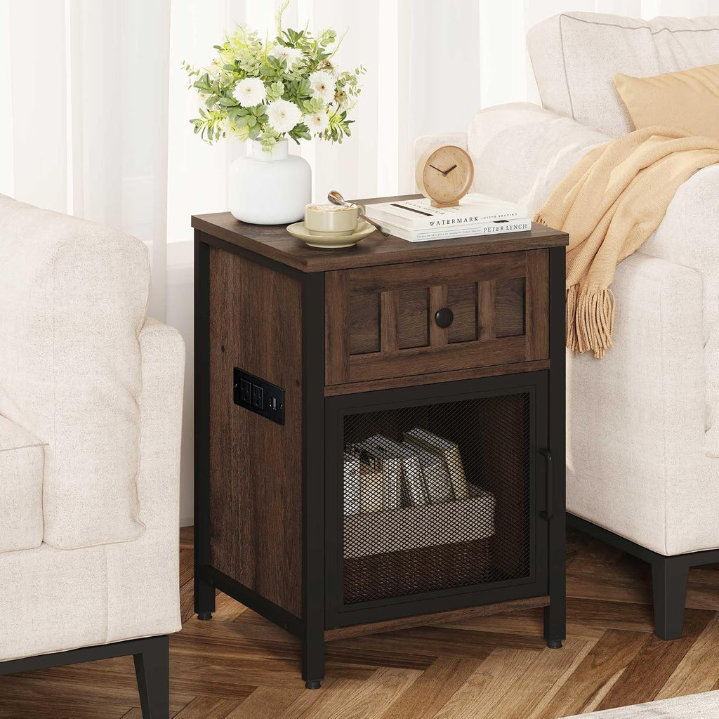 FATORRI End Table with Charging Station, Farmhouse Side Table with Drawer, Rustic Wood and Metal Nightstand and Bedside Tables for Living Room (Rustic Brown)