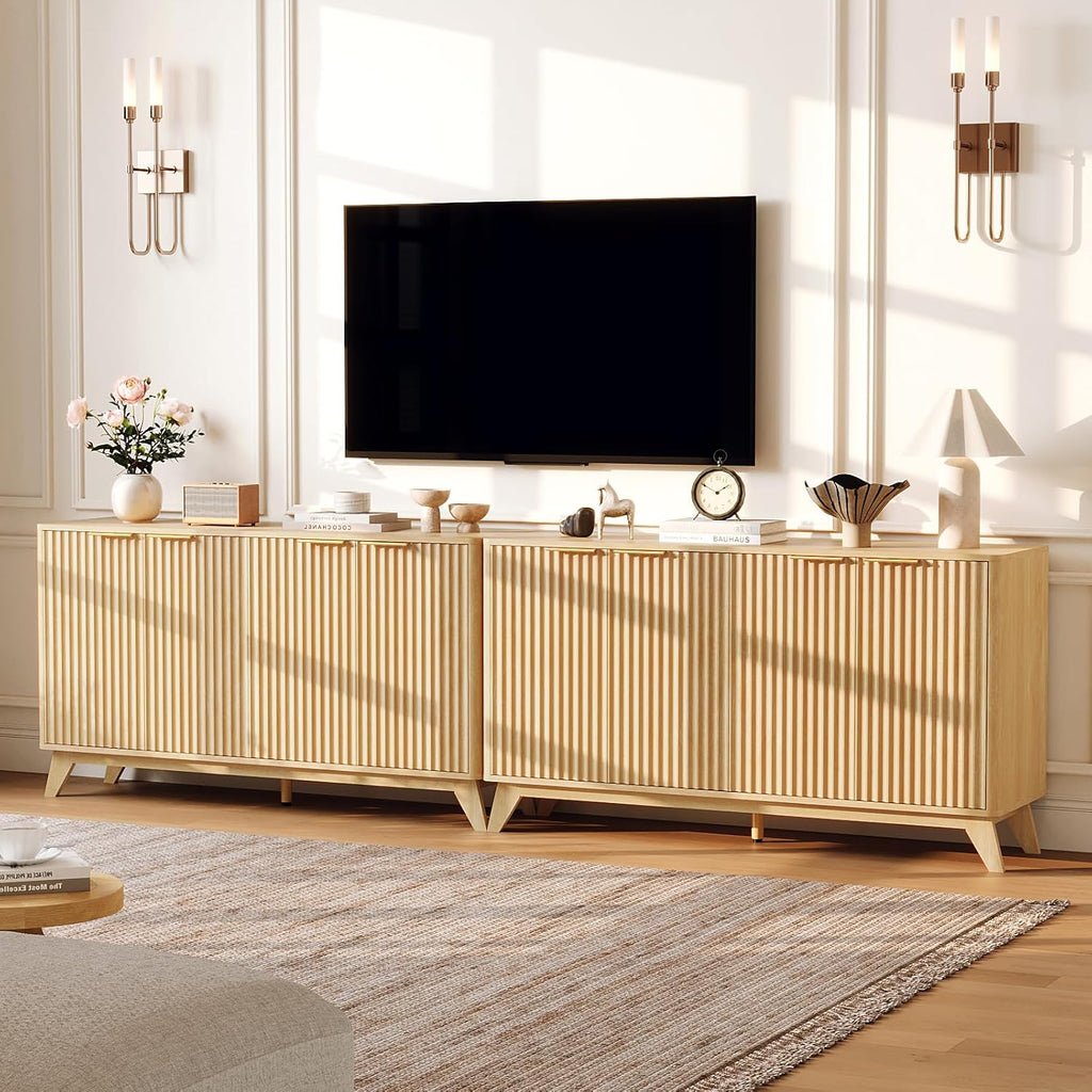 VINGLI 55" Buffet Cabinet with Storage, Fluted 4 Doors Sideboard Cabinet with Adjustable Shelves, Modern Storage Cabinet with Doors for Kitchen, Dining Room & Living Room, Natural Oak