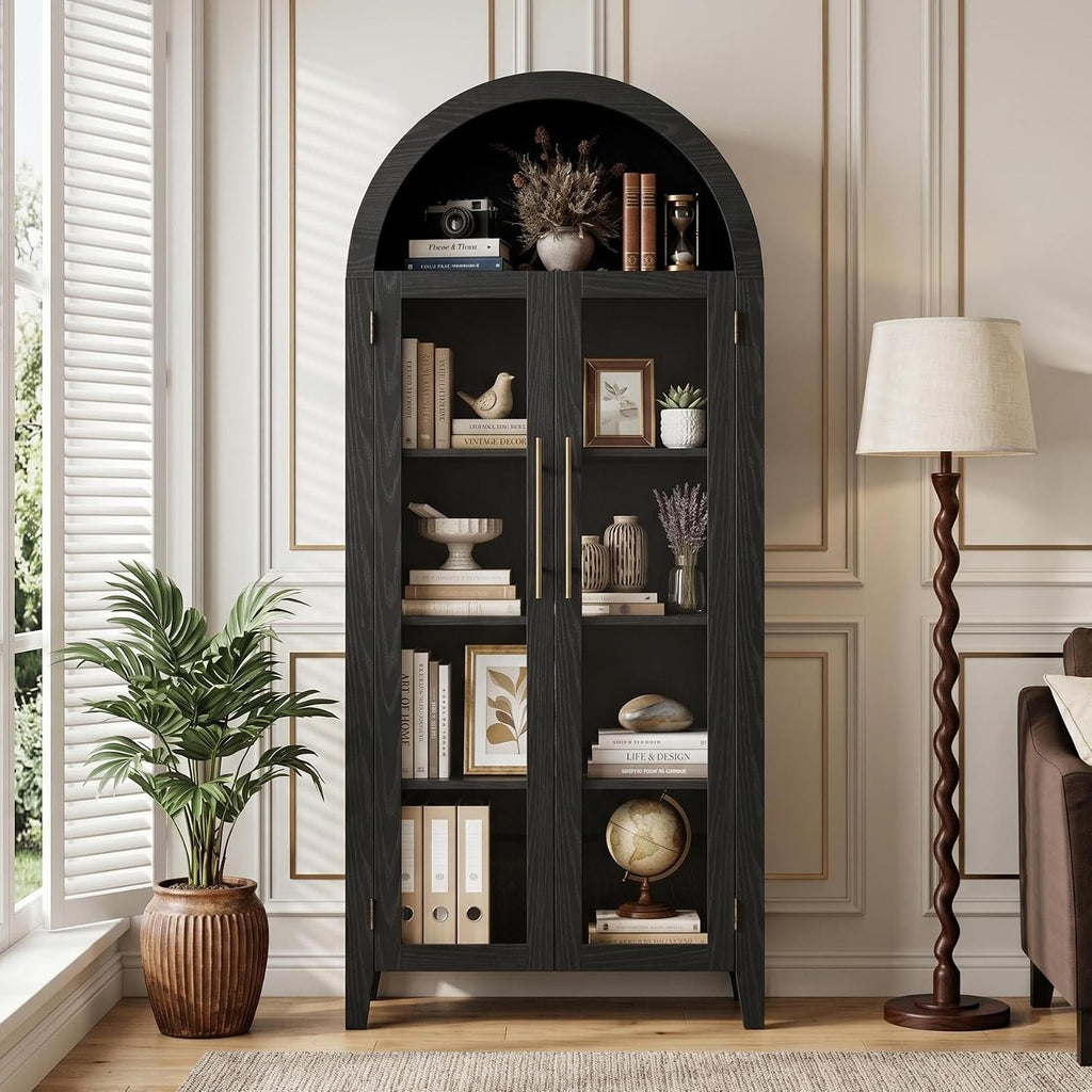 Garvee Arched Cabinet with Glass Doors, 5-Tier Kitchen Pantry Cabinet with Adjustable Shelves, Farmhouse Display Storage Cabinet for Dining Room, Living Room, Black