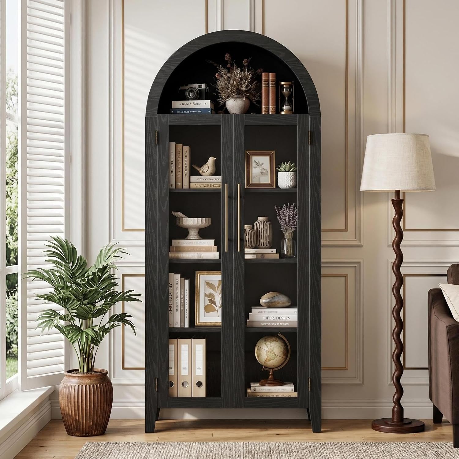 Garvee Arched Cabinet with Glass Doors, 5-Tier Kitchen Pantry Cabinet with Adjustable Shelves, Farmhouse Display Storage Cabinet for Dining Room, Living Room, Black