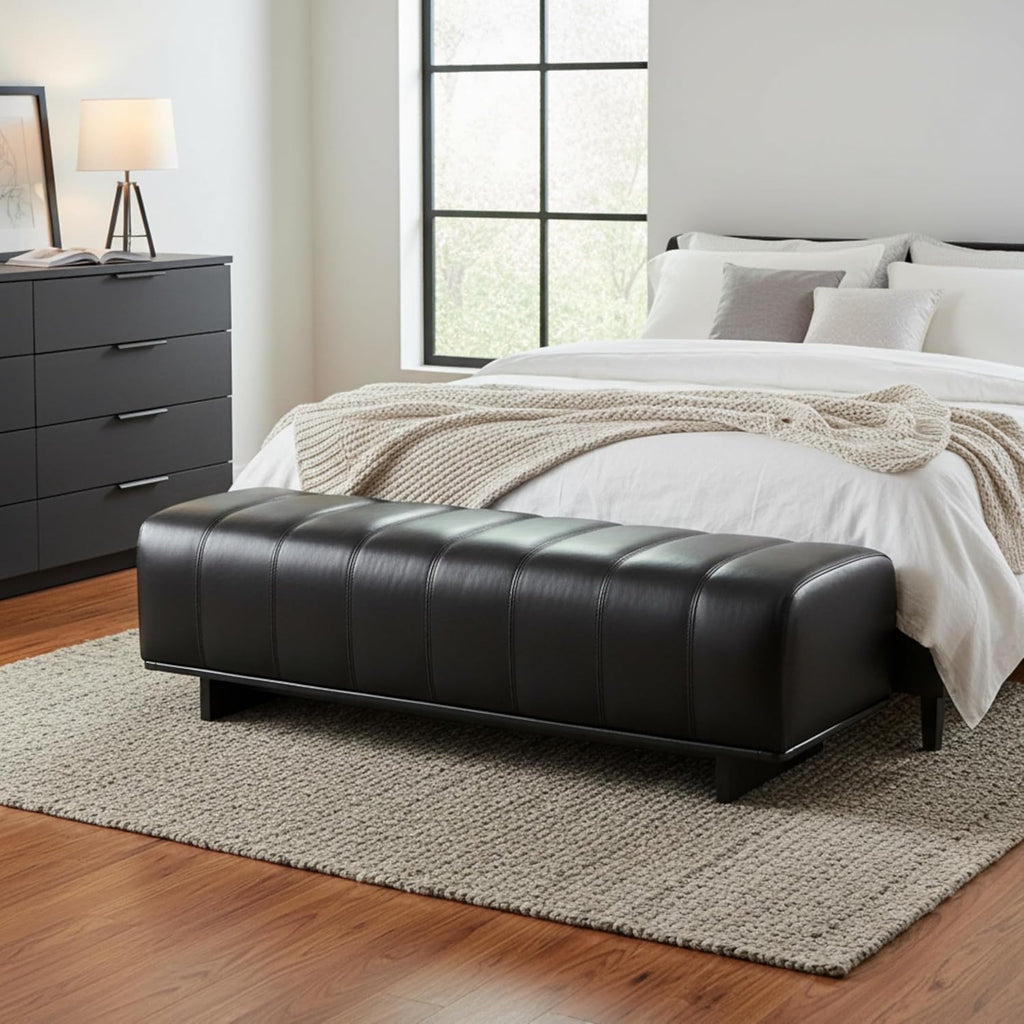 Christopher Knight Home Lamie Faux Leather Upholstered Dining Bench, Wooden Entryway Bench, Long Sofa Footstool for Living Room, Bedroom End of Bed Bench, Black