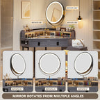 FREDEES Glass Top Makeup Vanity with Mirror and Lights | Corner Makeup Desk with Drawers and Shelves, Vanity Table with Charging Station and Stool for Bedroom/Cloakroom
