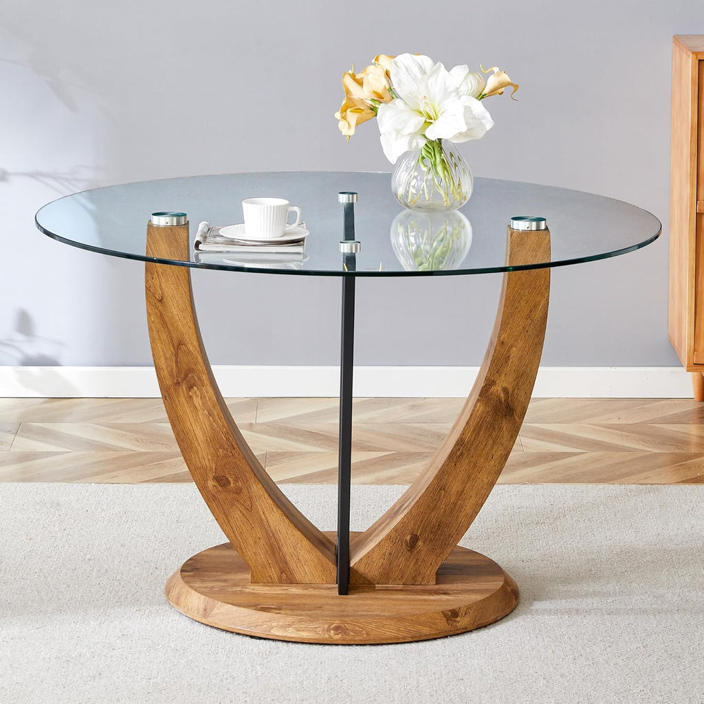 JUFU Round Dining Table for 4/6, 48 Inch Wood Kitchen Table with Stable Pedestal Base, Modern Glass Dining Table for Kitchen, Living Room, Apartment, Restaurant