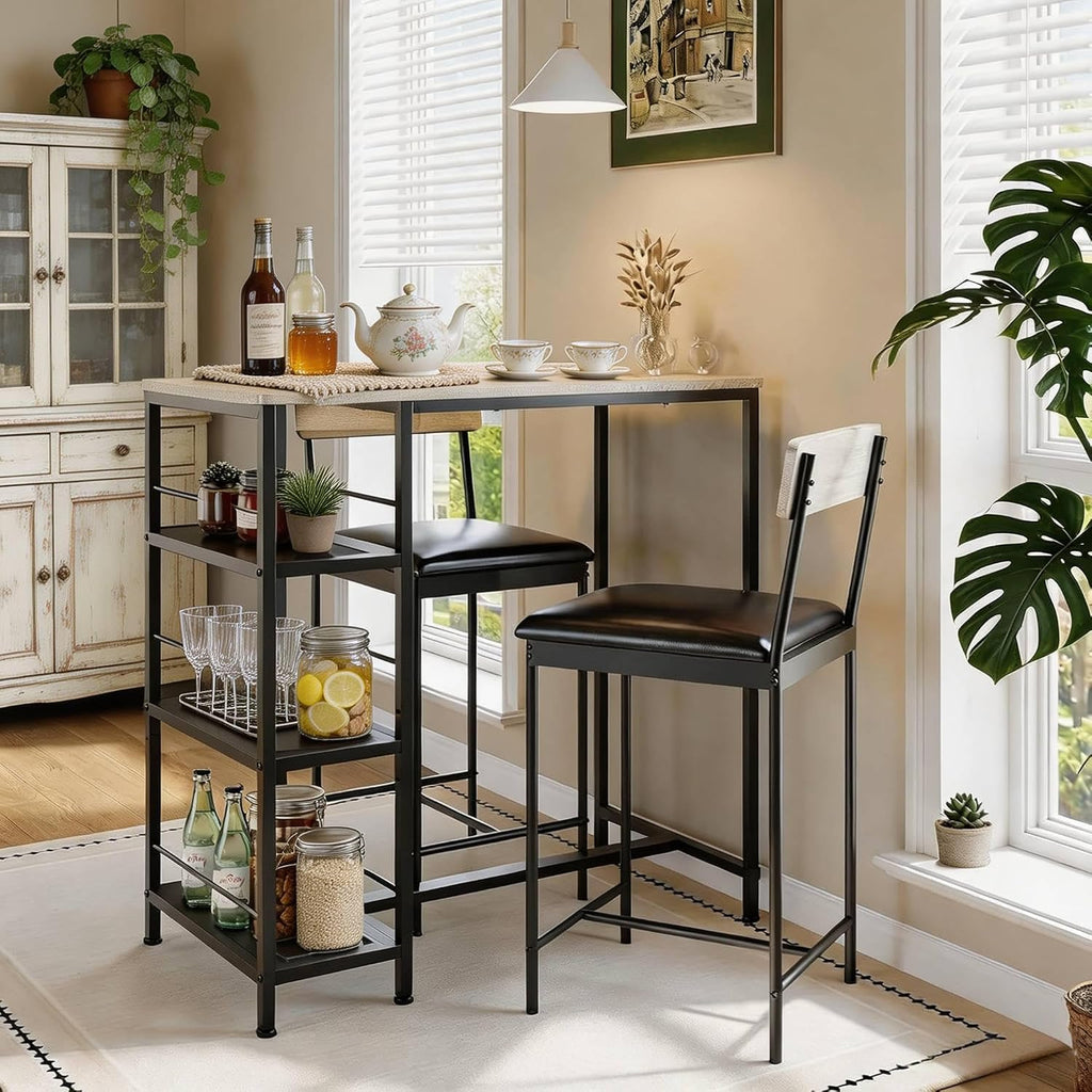 3-Piece Dining Table Set with Storage Shelves and 2 Upholstered Chairs, MDF & Iron Frame Small Kitchen Table for Apartment, Studio