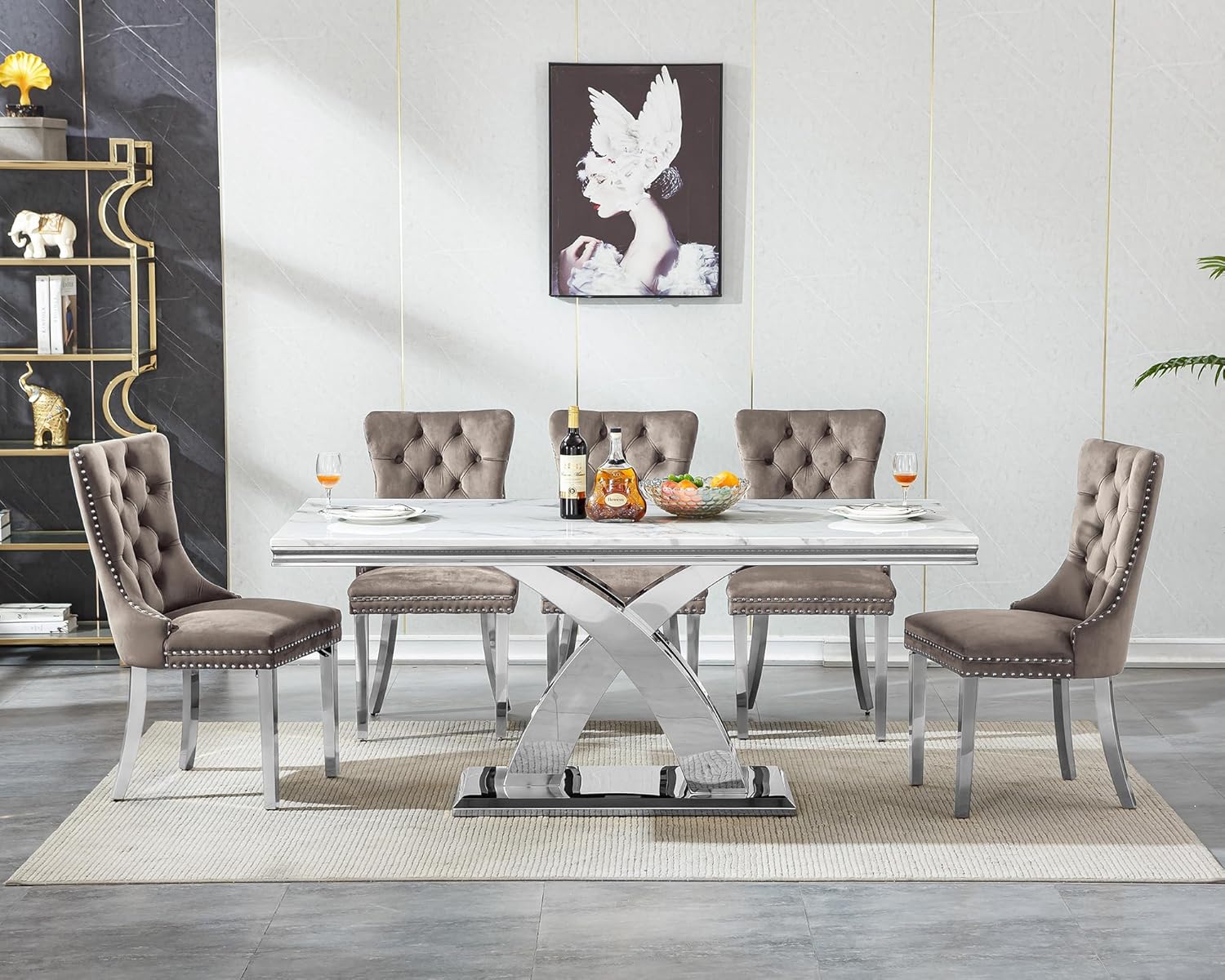 68" Marble Dining Table Set for 6, Modern Rectangle Dining Room Table Set for 6, Luxury White Silver Marble Kitchen Table and Chairs Set of 6 for Living Room,Kitchen