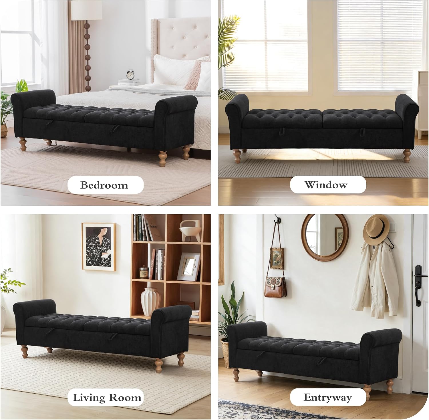 Chifee & Vingol 65" Storage Ottoman Bench Upholstered End of Bed Bench Modern Entryway Benches Double Openings Window Benches for Bedroom Living Room Entryway,Black