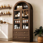 71" Tall Arched Kitchen Pantry Cabinet, Modern Farmhouse Kitchen Storage Cabinet with 2 Large Drawers & Acrylic Doors, Freestanding Versatile Cupboard for Living Room, Dining Room, Brown