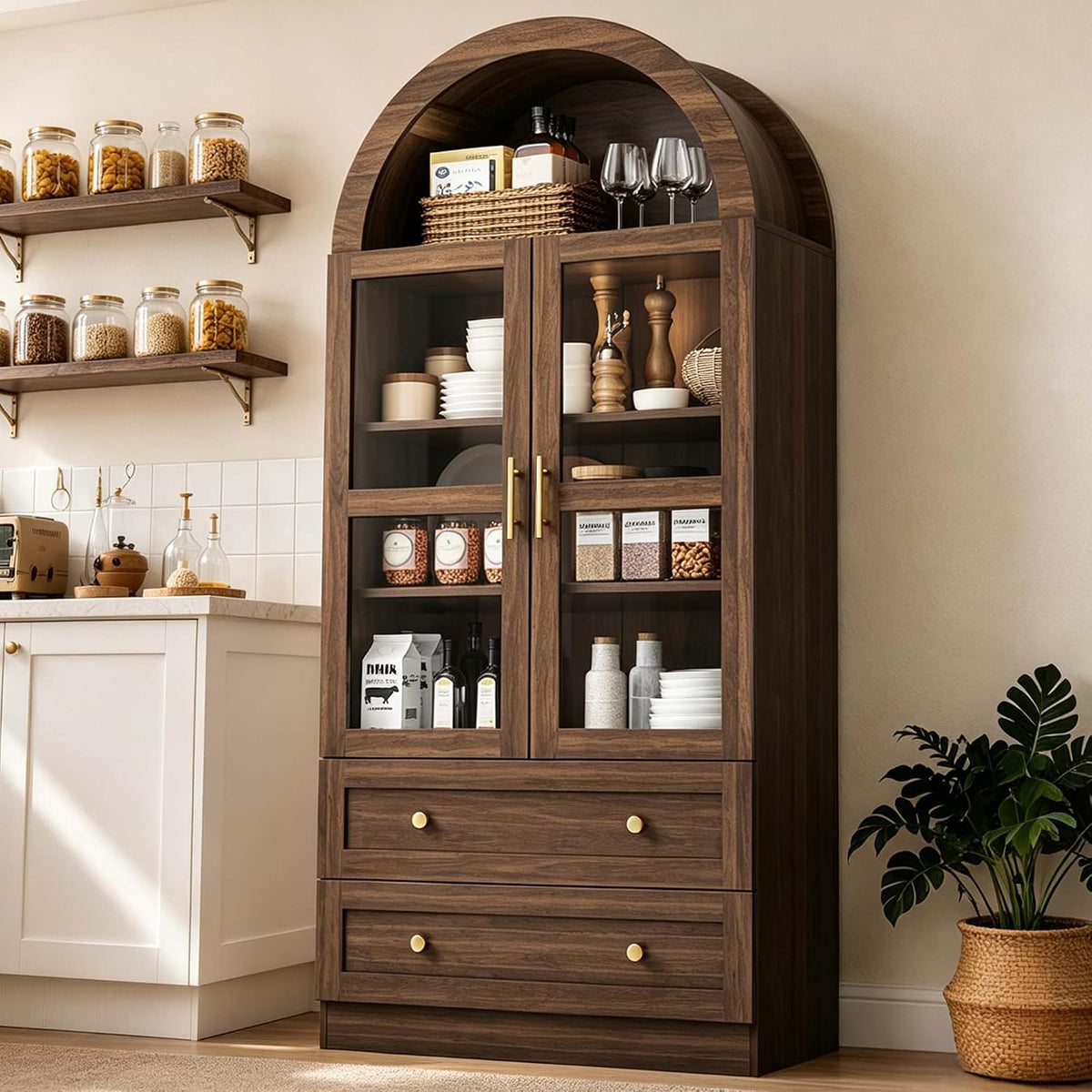 71" Tall Arched Kitchen Pantry Cabinet, Modern Farmhouse Kitchen Storage Cabinet with 2 Large Drawers & Acrylic Doors, Freestanding Versatile Cupboard for Living Room, Dining Room, Brown