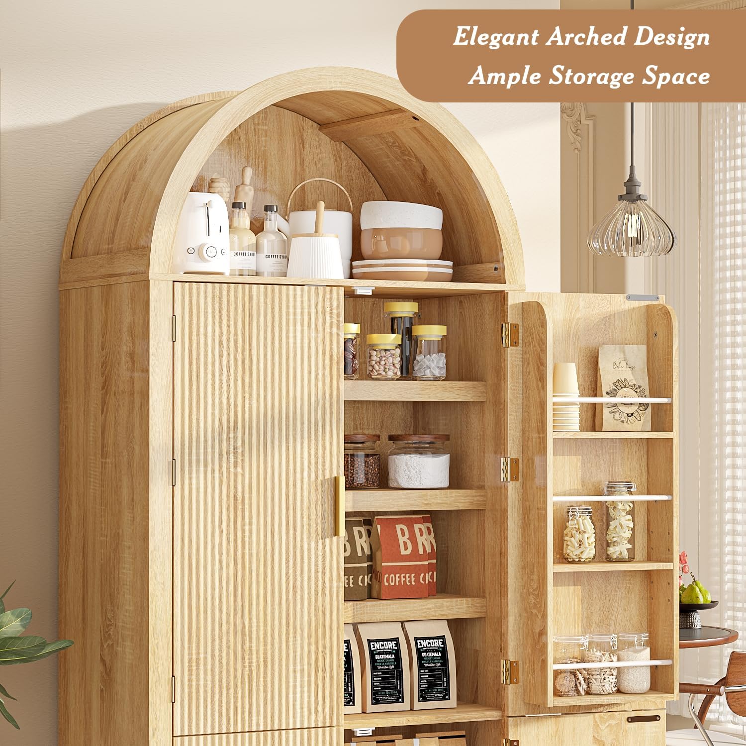 OFIKA 71" Arched Kitchen Pantry Cabinet, Fluted Wood Storage with 3 Shelves | 3 Adjustable Shelves & 6 Door Shelves, Modern Organizer for Kitchen & Bathroom, Natural Wood Finish, Sturdy Fluted Design