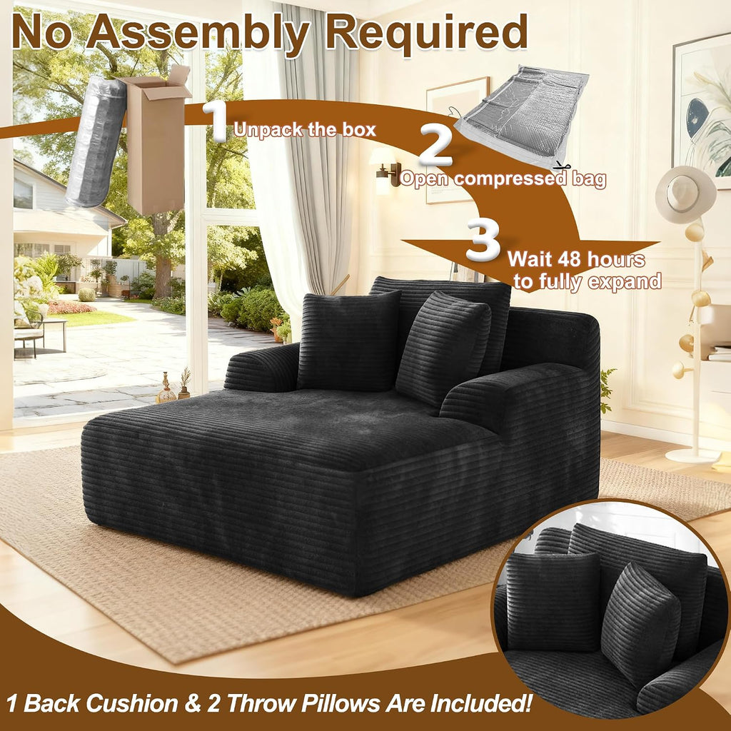 Avenix 66" Oversized Chaise Lounge Chair Indoor, Cloud Corduroy Reading Chair Deep Seat Sofa Couch Bed with 3 Pillows for Living Room, No Assembly Required, Black