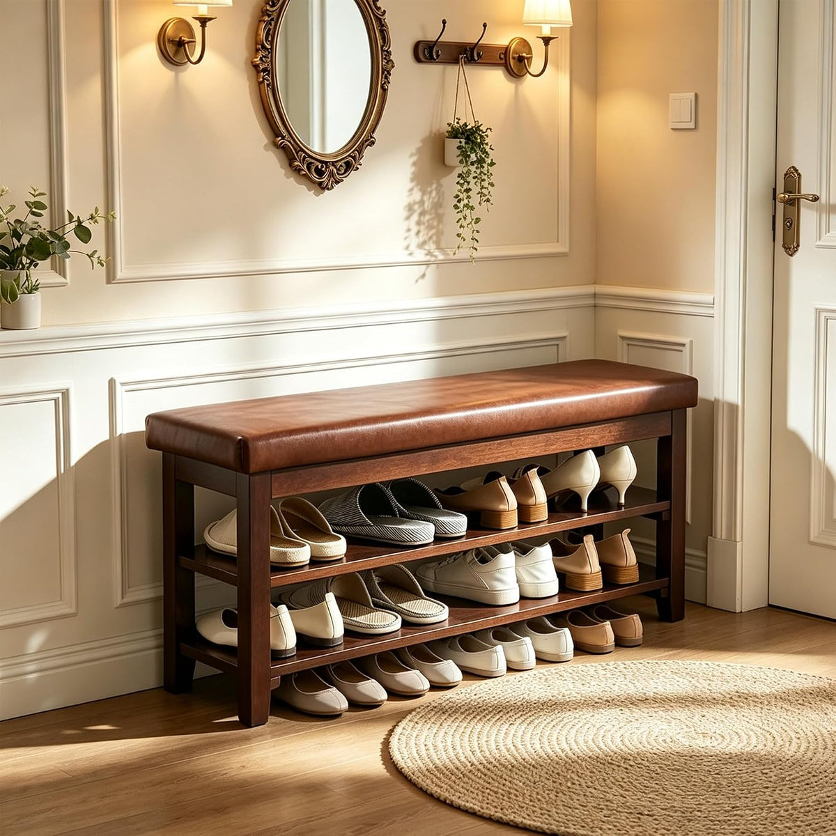 40" Shoe Bench with Leather Cushion, Upholstered Entryway Bench, Dark Brown | Mid Century Modern Shoe Rack, Solid Wood Frame, 2-Tier, End of Bed, Hallway, Mudroom, Bedroom
