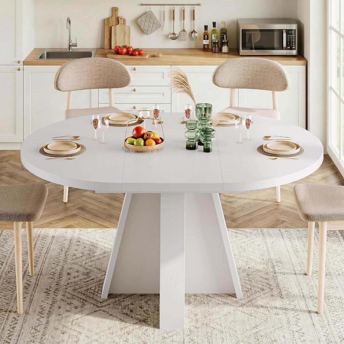 iPormis 43.3in-59in Extendable Round Dining Table for 4-6, Modern Wooden Kitchen Table for Dining Room, Adjustable Size Oval Circle Dinner Tables Furniture for Kitchen Living Room, White