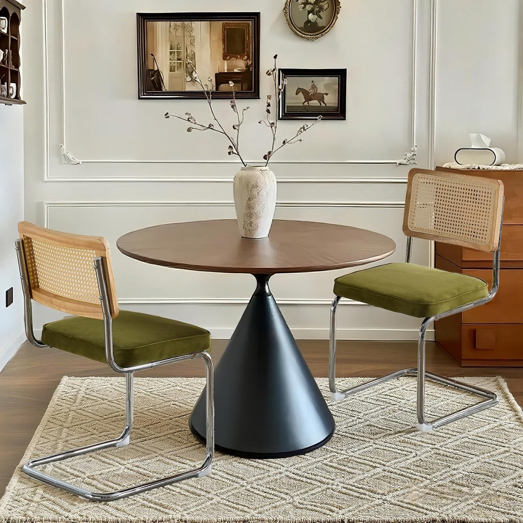 Velvet Dining Chairs Set of 2 Handwoven Rattan Back Upholstered Seat&Chrome Base Mid Century Kitchen Chair,for Dining Room,Living Room,Bedroom,Olive Green