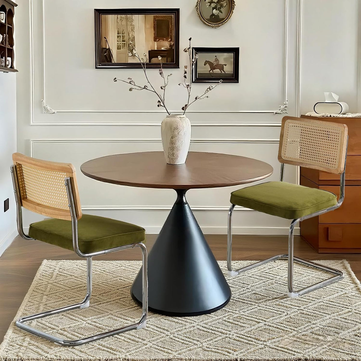 Velvet Dining Chairs Set of 2 Handwoven Rattan Back Upholstered Seat&Chrome Base Mid Century Kitchen Chair,for Dining Room,Living Room,Bedroom,Olive Green