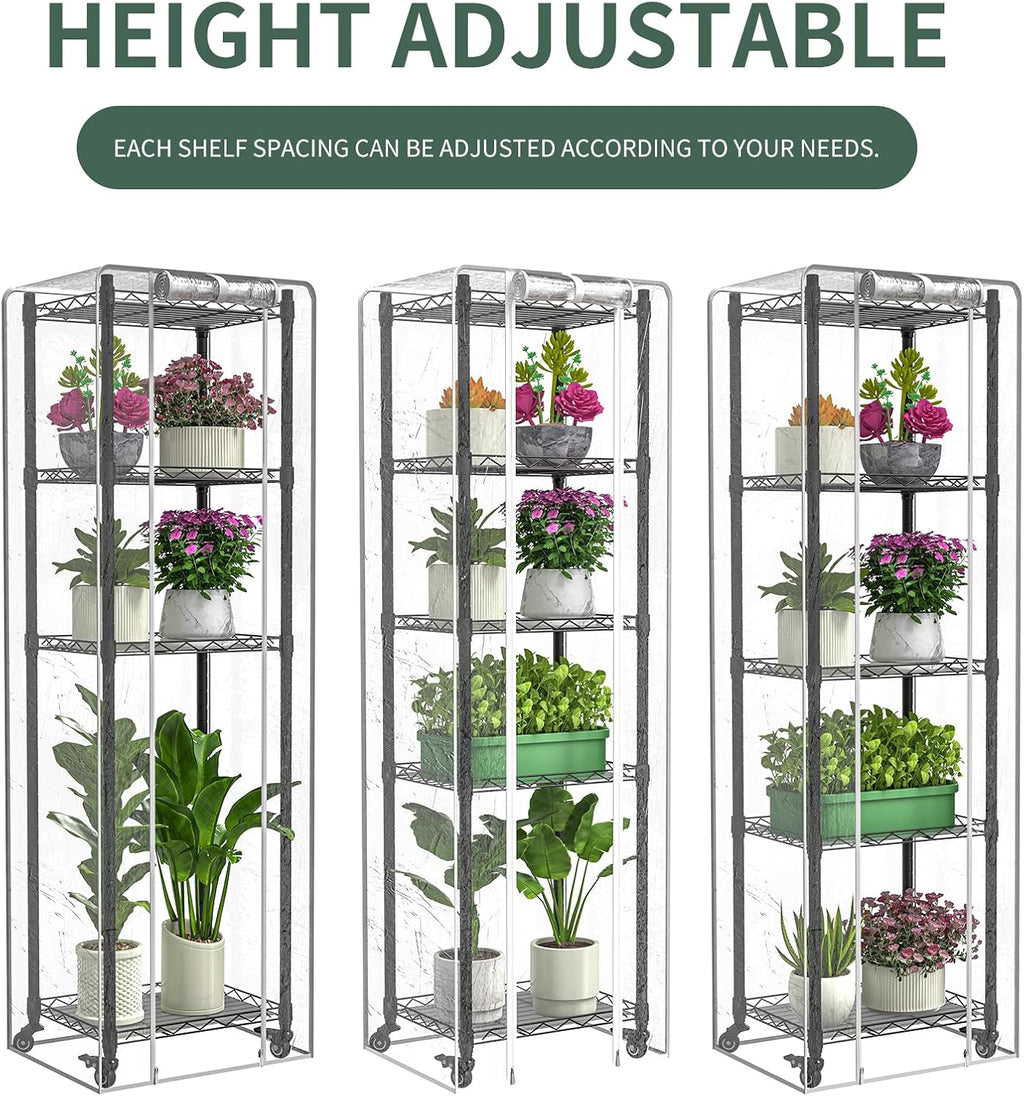 Mini 5-Tier Greenhouse for Indoor Outdoor, 15.7" L×11.8" W×62.3" H Portable Greenhouse with Clear PVC Cover and Metal Shelf for Growing Vegetables, Flowers and Seedlings, with Wheels