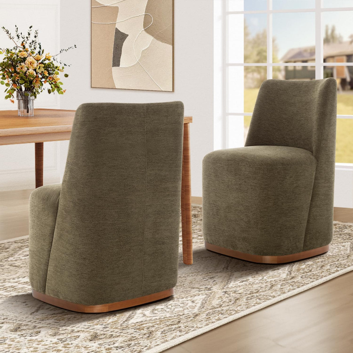 Chenille Rolling Dining Chairs with Casters Set of 2, Modern Upholstered Kitchen & Dining Room Comfortable Decorative Chairs, for Bedroom Reading Room Living Room, Green
