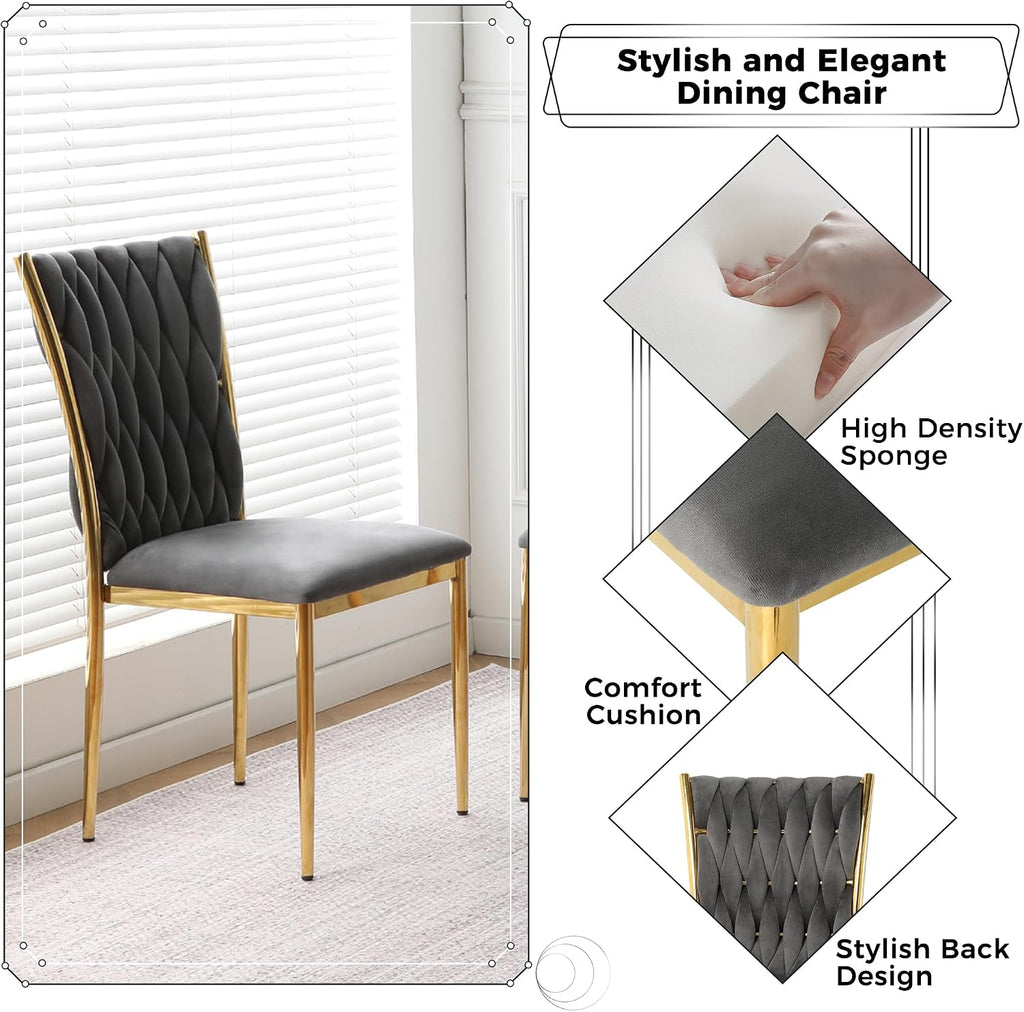 Velvet Dining Chairs Set of 4, Modern Woven Kitchen Chairs with Gold Metal Legs, Upholstered Cushion with High Back, Dirt Resistance, Easy to Install, for Living Room, Dining Room - Dark Grey