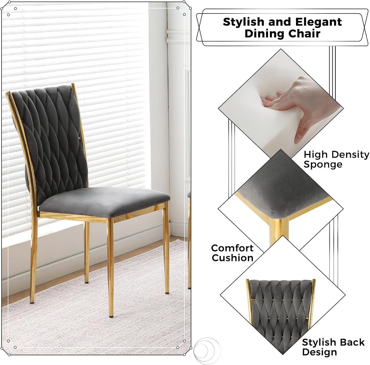 Velvet Dining Chairs Set of 4, Modern Woven Kitchen Chairs with Gold Metal Legs, Upholstered Cushion with High Back, Dirt Resistance, Easy to Install, for Living Room, Dining Room - Dark Grey