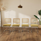 Rattan Dining Chairs Set of 4, Mid Century Kitchen Chairs with Natural Mesh Rattan Backrest & Metal Chrome Legs, Cesca Design Velvet Dining Room Chairs for Kitchen, Gold Yellow(Chair Only)