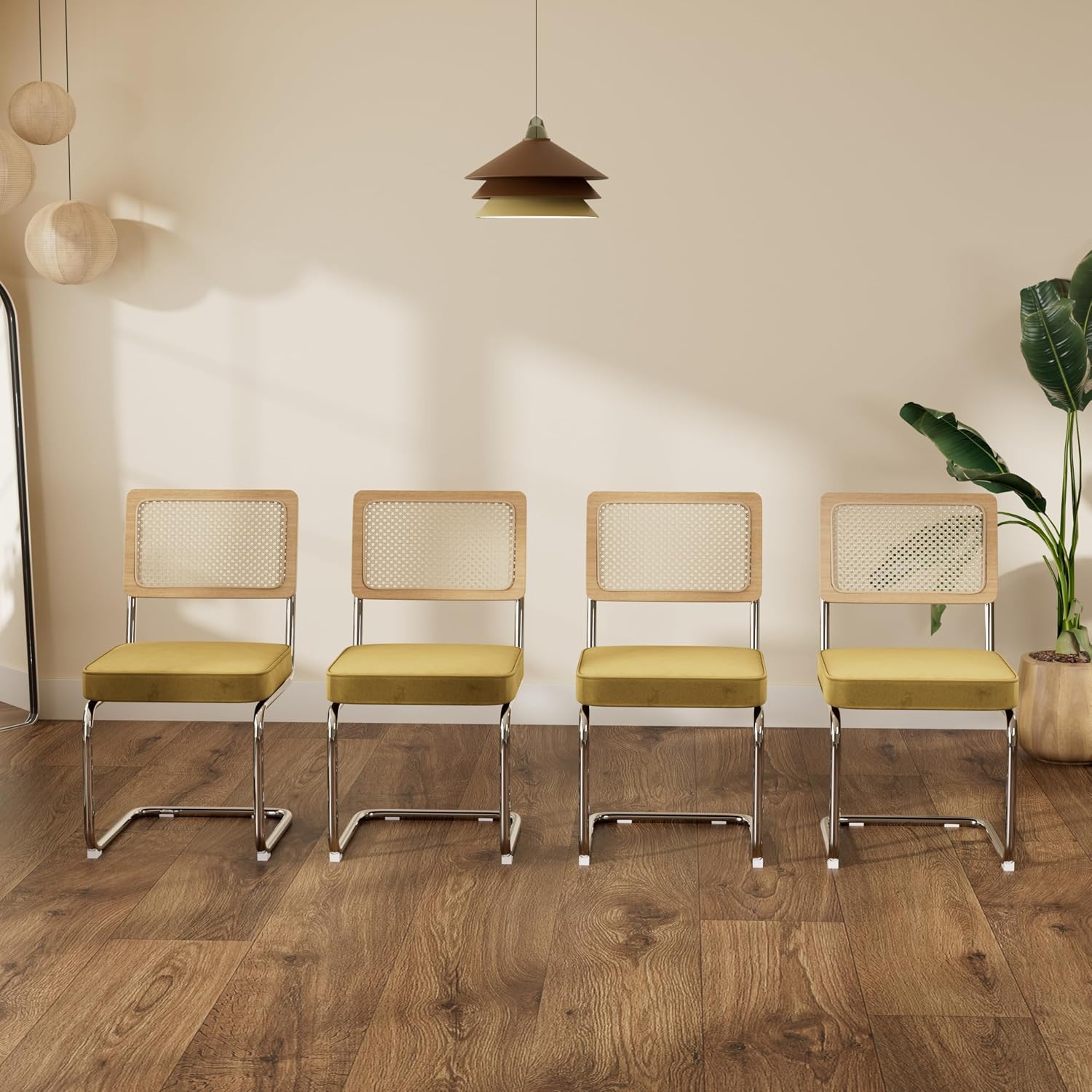 Rattan Dining Chairs Set of 4, Mid Century Kitchen Chairs with Natural Mesh Rattan Backrest & Metal Chrome Legs, Cesca Design Velvet Dining Room Chairs for Kitchen, Gold Yellow(Chair Only)