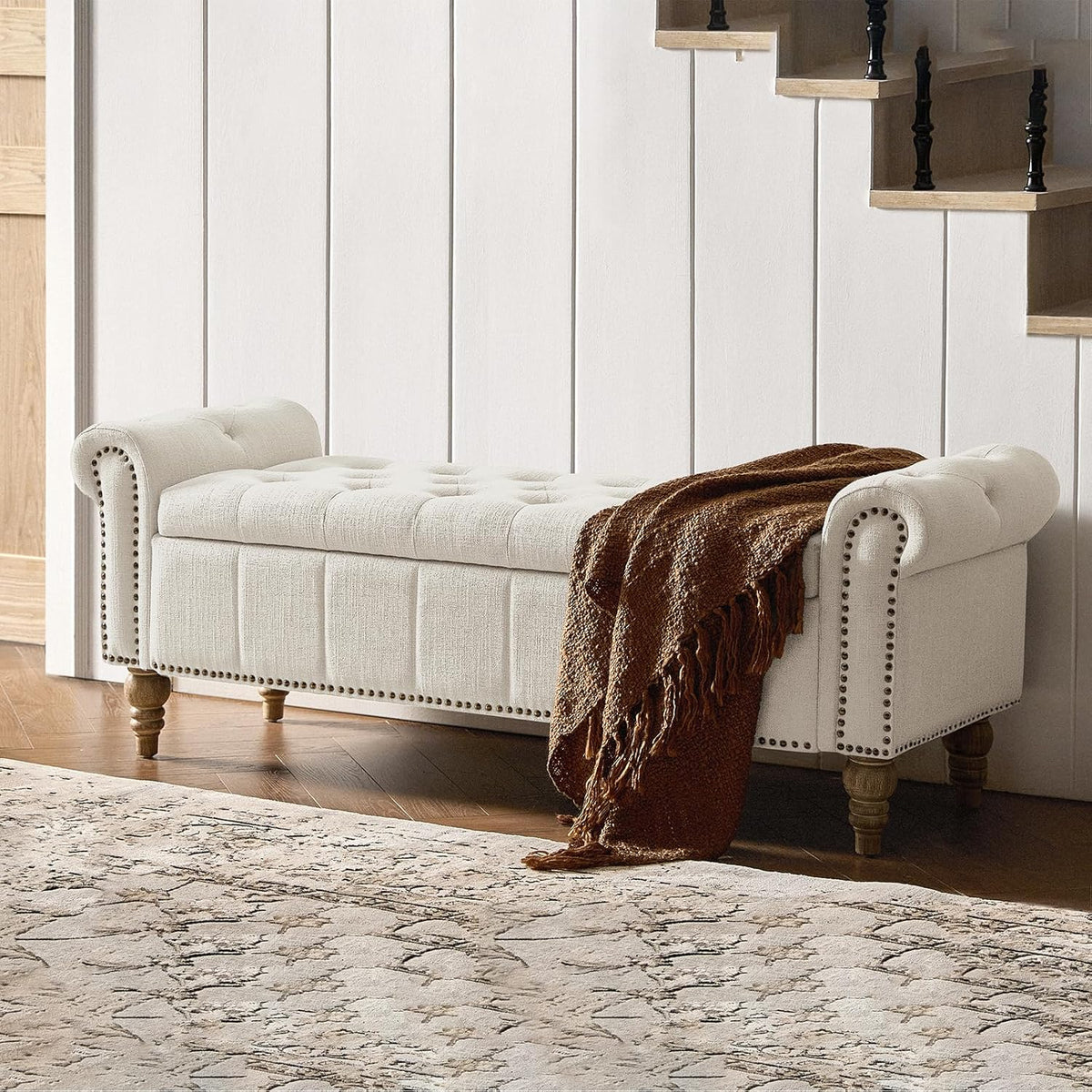 HULALA HOME Farmhouse Upholstered Storage Bench, End of Bed Bench with Vintage Button Tufted Design(Ivory)