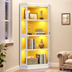Jocoevol Corner Display Cabinet with Glass Doors, 4-Tier Display Cases for Collectibles with RGB Lights, 67'' Tall Corner Curio Cabinet with Human Body Sensor for Living/Game Room, White