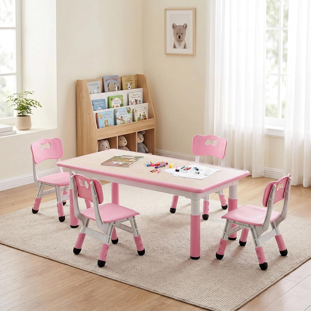 Arlopu Kids Table and 4 Chairs, Height Adjustable Toddler Desk & Chair Set, Anti-Slip Legs, Graffiti Desktop, Children Large Multi-Activity Table with 47.2" x 23.6", Classroom, Homes, Daycares (Pink)