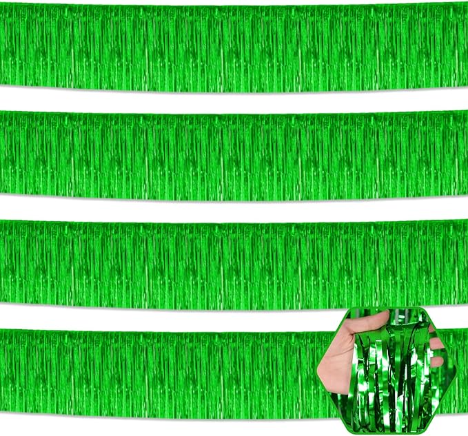 4 Pack 10 Feet Green Foil Fringe Garland Metallic Tinsel Streamers Banner Wall Hanging Curtain Backdrop for Parade Floats, Wedding, Graduate, Mother's Day, Birthday Party Decoration