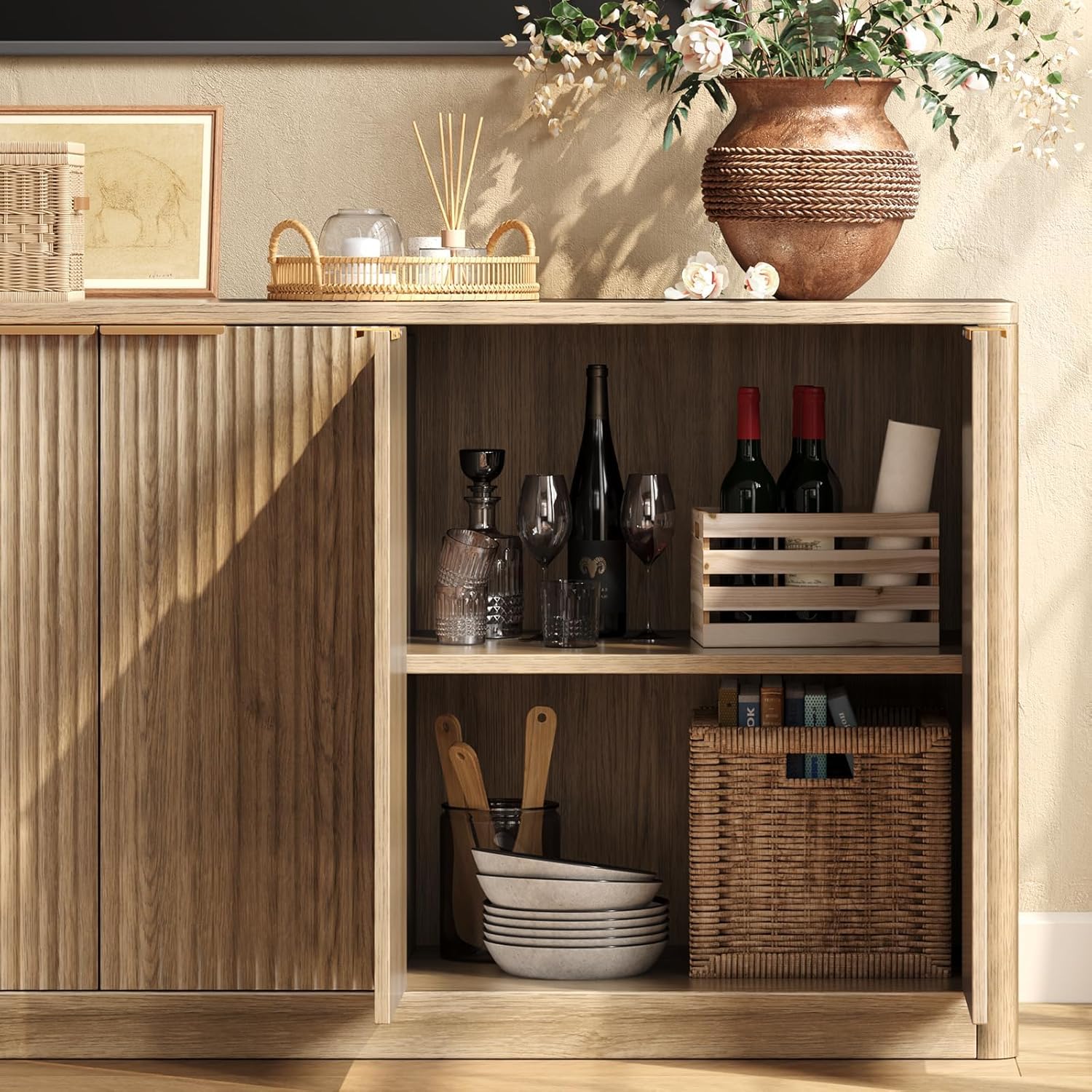 67 Inch Fluted Oak Buffet Cabinet Sideboard with 6 Doors, Large Wood Credenza Storage Cabinet, Mid Century Modern Sideboard for Kitchen and Living Room, 67"×31.5"×15.7"