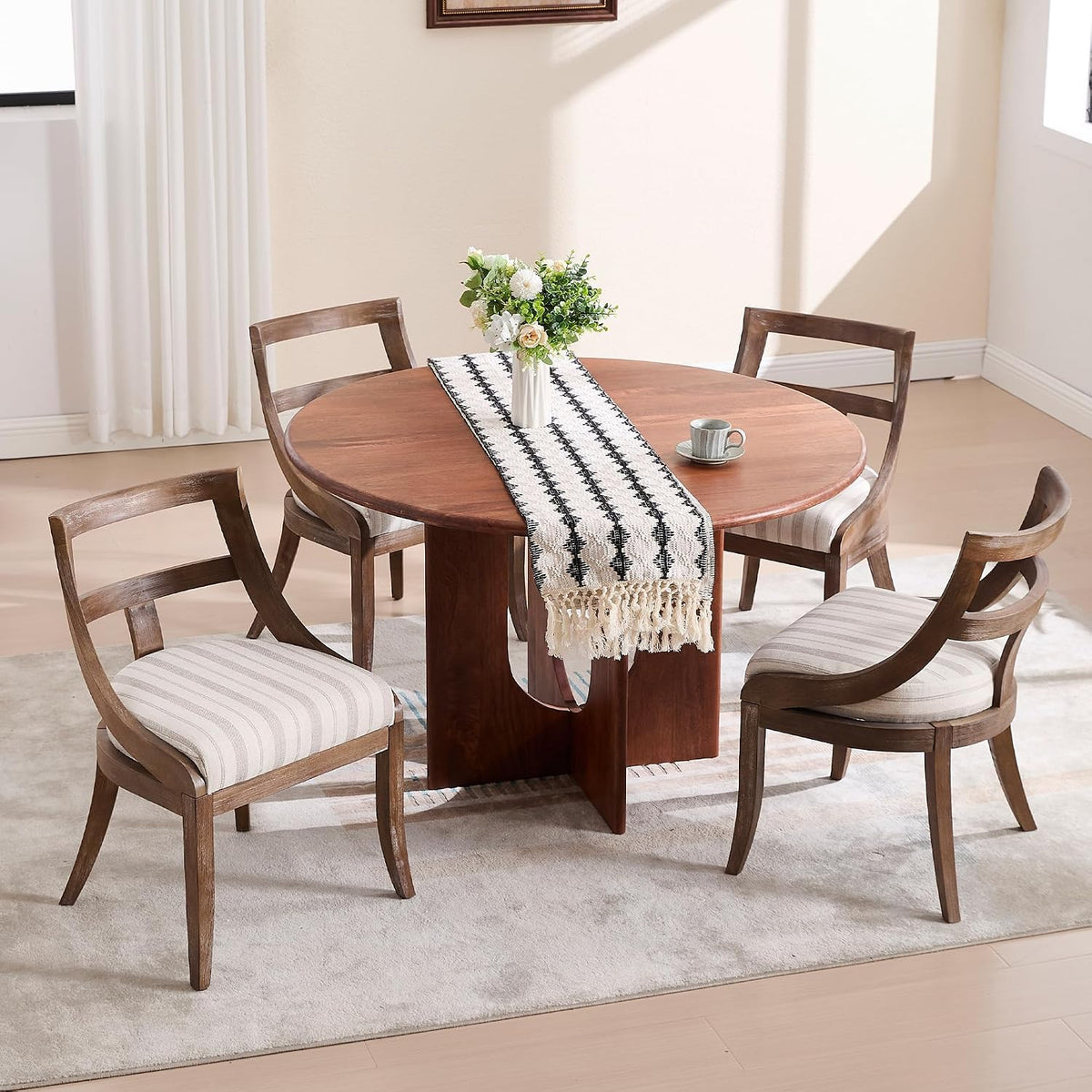LZAREAL Modern Farmhouse Dining Chairs Set of 4 Mid Century Upholstered Dining Chair with Wooden Curved Back Kitchen Chairs for Dining Room Restaurant Cafe, Brown Walnut Colored-Linen Khaki Stripe