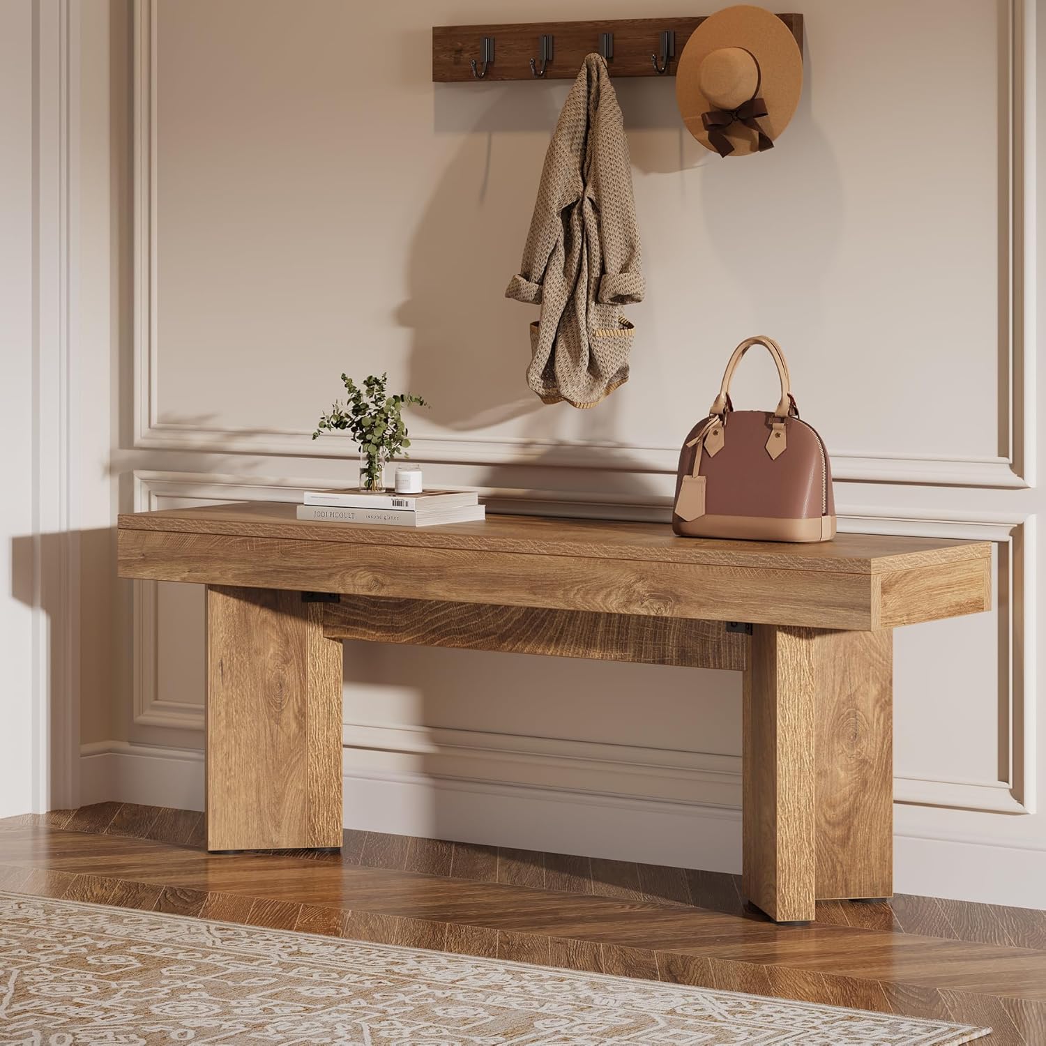 Tribesigns Wooden Entryway Bench, 47" Farmhouse Indoor End of Bed Bench, Long Dining Benches Seat for Bedroom, Dining Room, Hallway, Foyer (Rustic Brown)