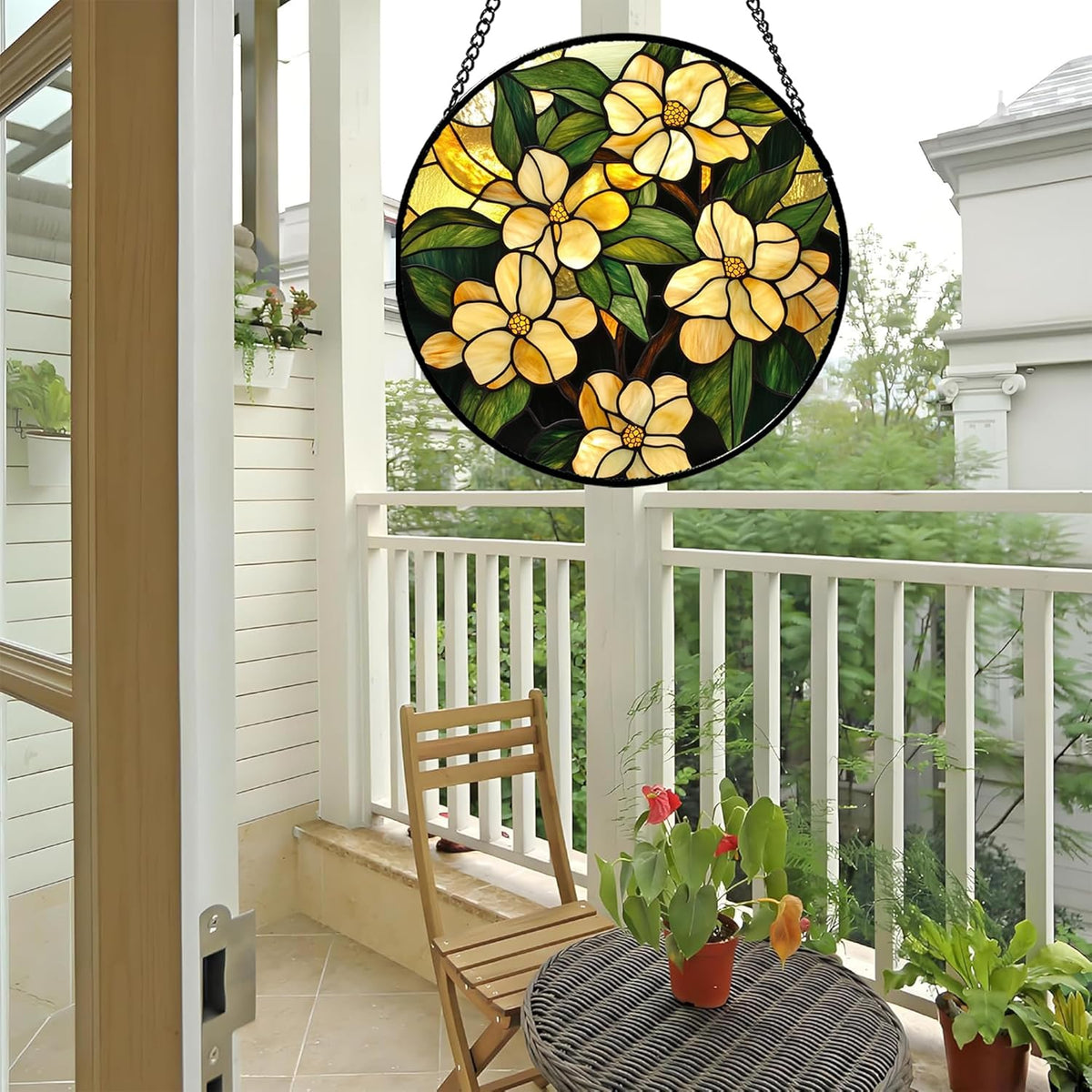 Stained Glass Window Hanging - Yellow Flower Green Leaf Suncatcher for Doors Garden Patio Fall Decor Sun Catchers Christmas Mother's Day Birthday Gifts for Women Men Mom Nana Friend 6.3 in
