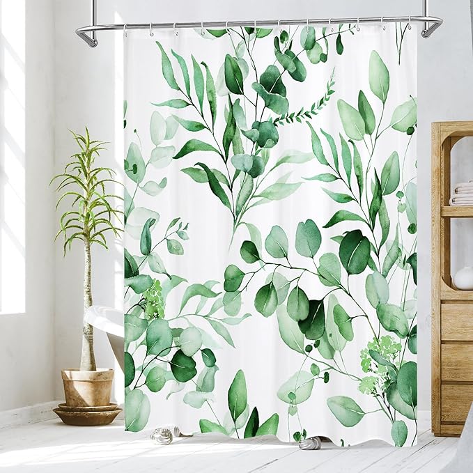 MitoVilla Green Spring Floral Shower Curtain, Modern Plants Botanical Fabric Cloth Shower Curtains for Chic Elegant Bathroom Decor, Summer Emerald Green Eucalyptus Leaf, 72x72