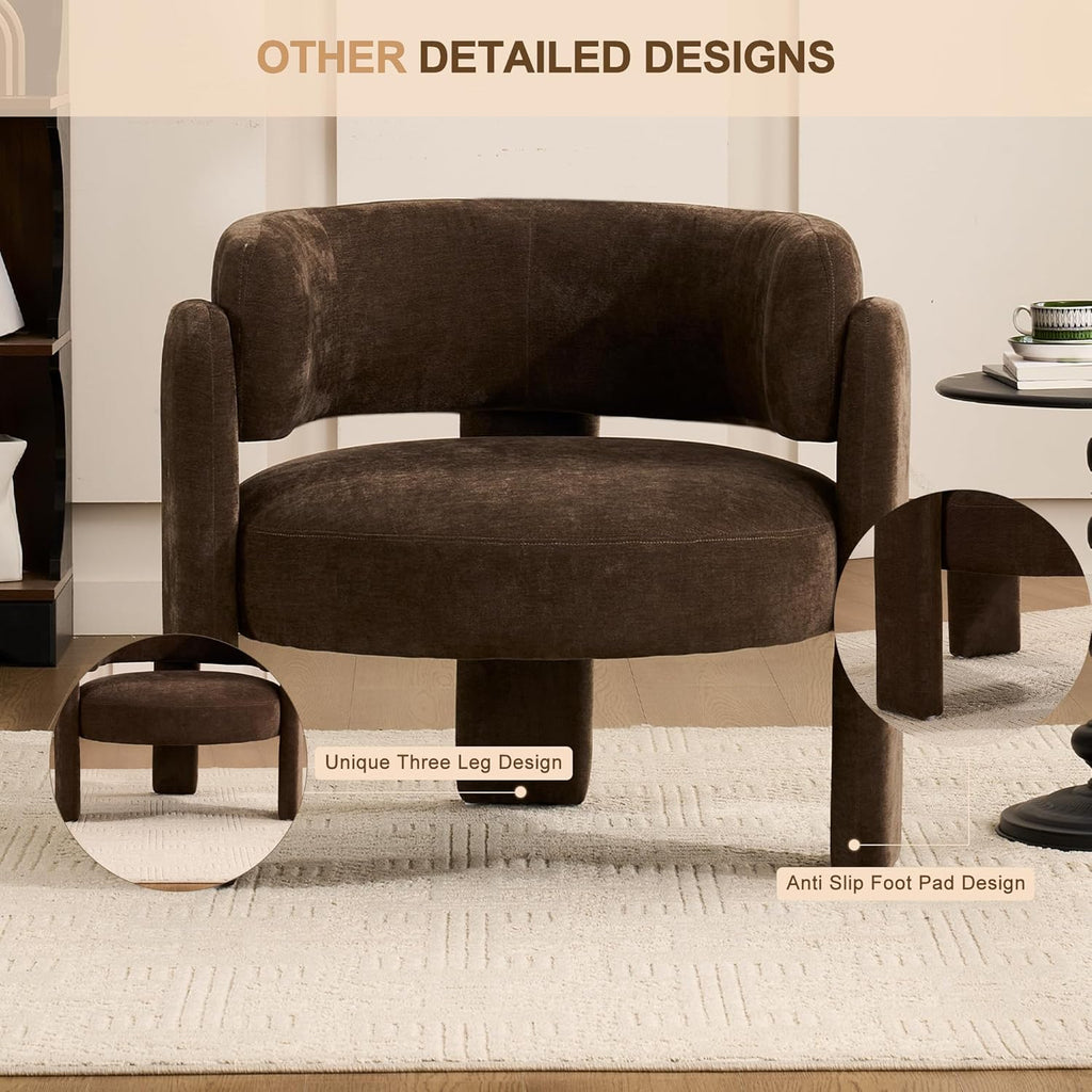 Modern Accent Barrel Chair,Mid Century Single Armchair with Curved Backrest Upholstered Side Reading Chair with 3 Legs Comfy Sherpa Chair for Bedroom Home Office Living Room (Brown)