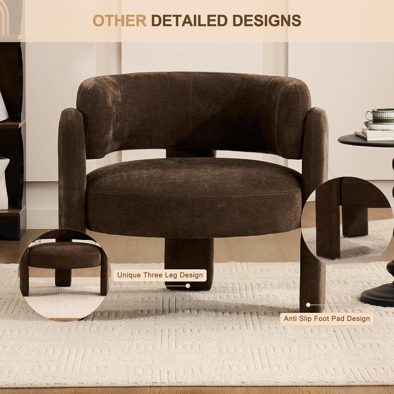 Modern Accent Barrel Chair,Mid Century Single Armchair with Curved Backrest Upholstered Side Reading Chair with 3 Legs Comfy Sherpa Chair for Bedroom Home Office Living Room (Brown)