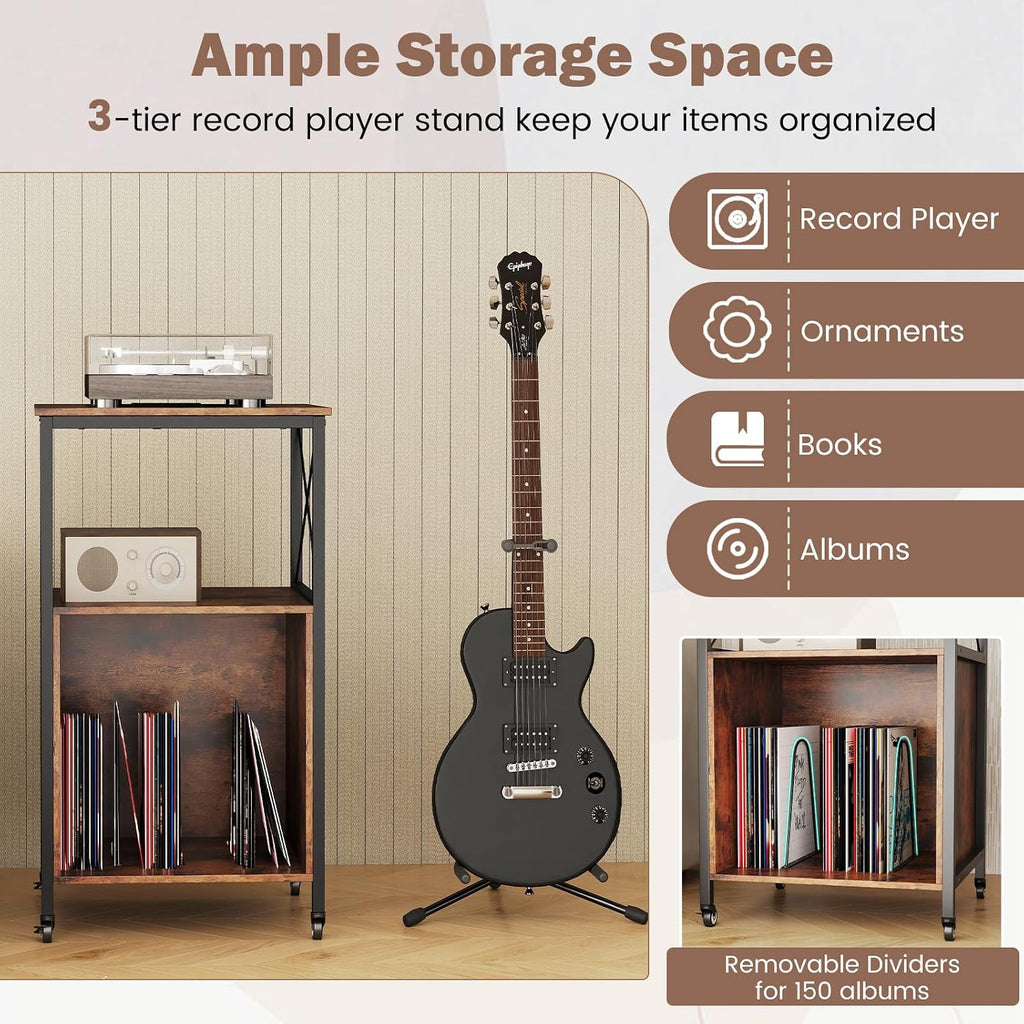 LOKO 3-Tier Rolling Record Player Stand, Mobile Turntable Stand with Power Outlet, Open Shelf & Dividers, Metal Frame, Industrial Vinyl Record Storage Table on Wheels for Living Room, Bedroom