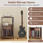 LOKO 3-Tier Rolling Record Player Stand, Mobile Turntable Stand with Power Outlet, Open Shelf & Dividers, Metal Frame, Industrial Vinyl Record Storage Table on Wheels for Living Room, Bedroom