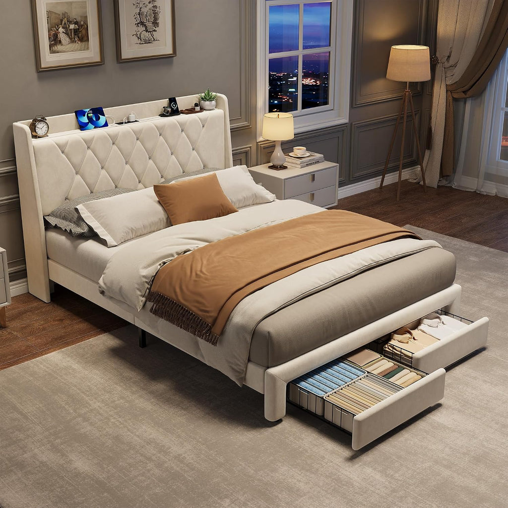 Garvee Full Size Bed Frame with Storage, Velvet Upholstered Platform Bed Frame with Crystal Tufted Headboard, Charging Station, 2 Drawers, No Box Spring Needed, Noise-Free,for Bedroom, Ivory