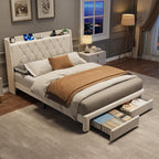 Garvee Full Size Bed Frame with Storage, Velvet Upholstered Platform Bed Frame with Crystal Tufted Headboard, Charging Station, 2 Drawers, No Box Spring Needed, Noise-Free,for Bedroom, Ivory
