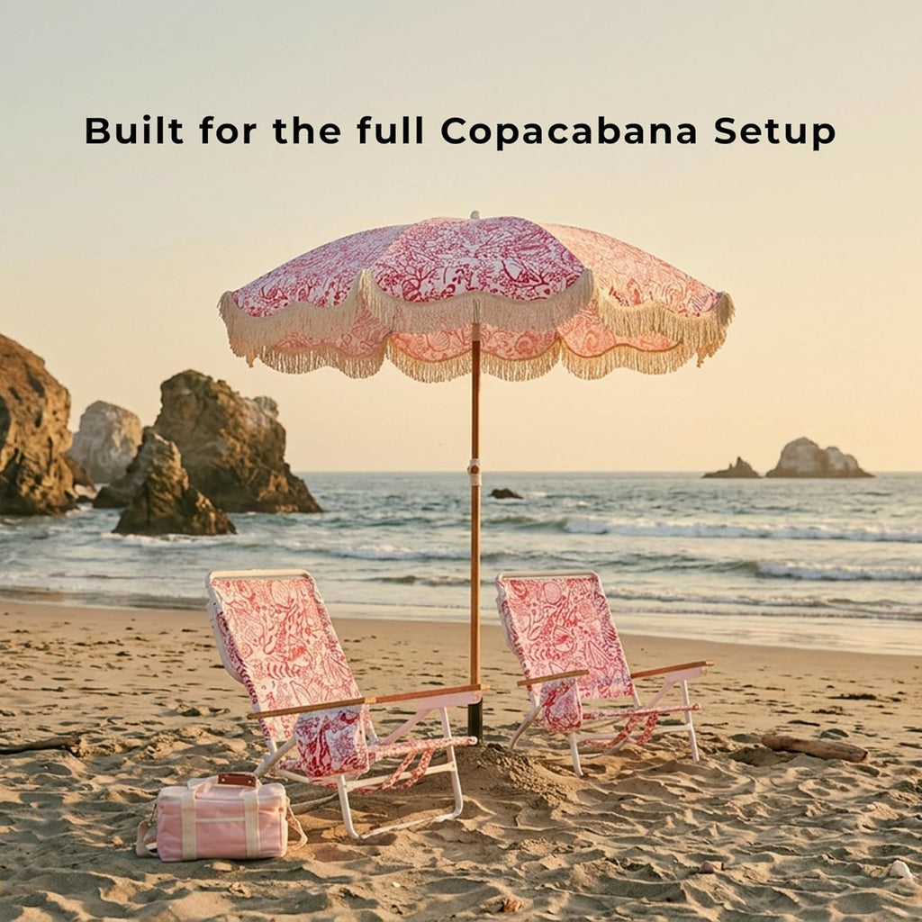 5-Position Low Beach Chair, Portable Lightweight Folding Beach Chair with Wooden Armrests, Storage Pouch & Carry Strap, Coastal Beach Print – Reef Crimson